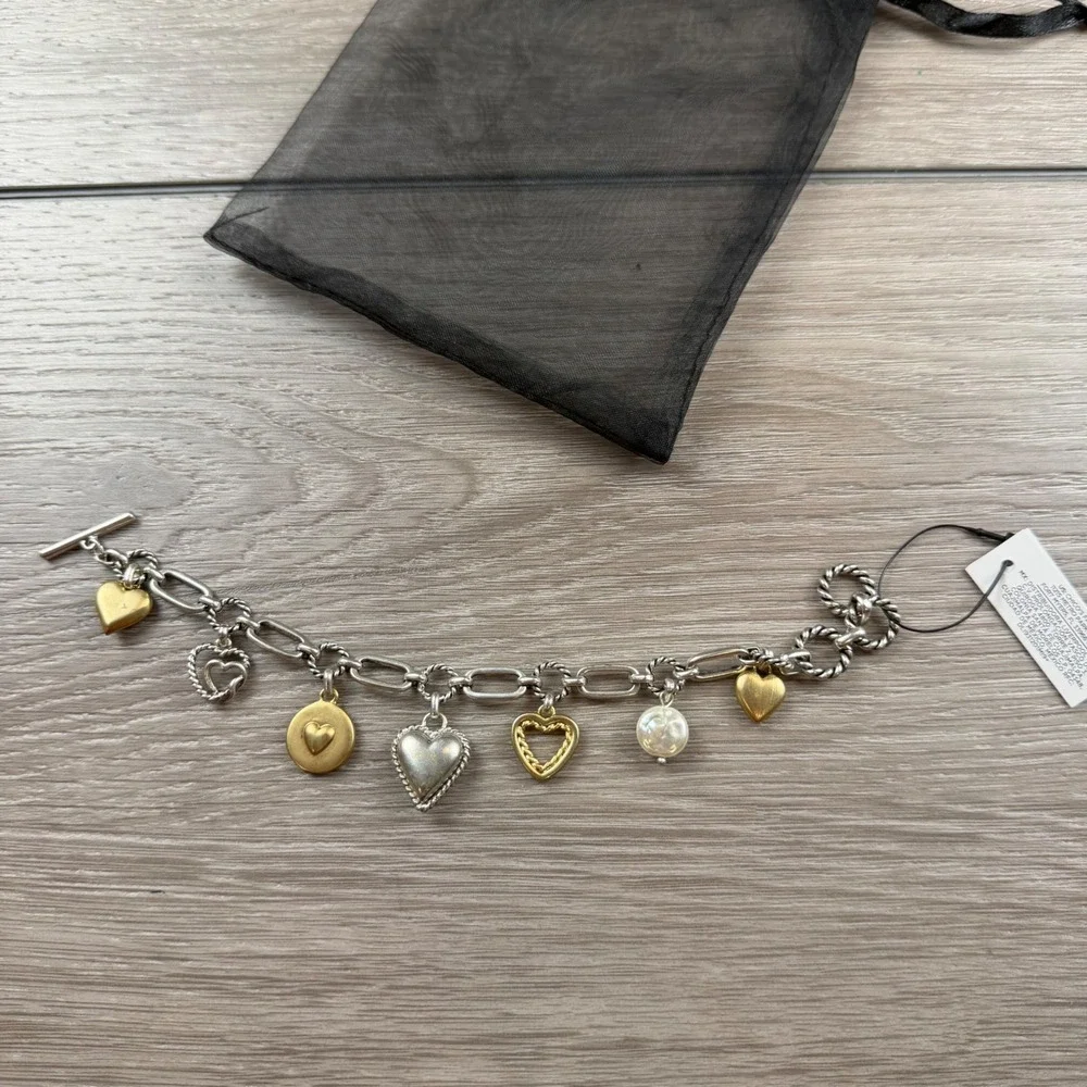 Chico's Women Bracelet Valentines Day Heart Charm Mixed Metal Silver Gold OS